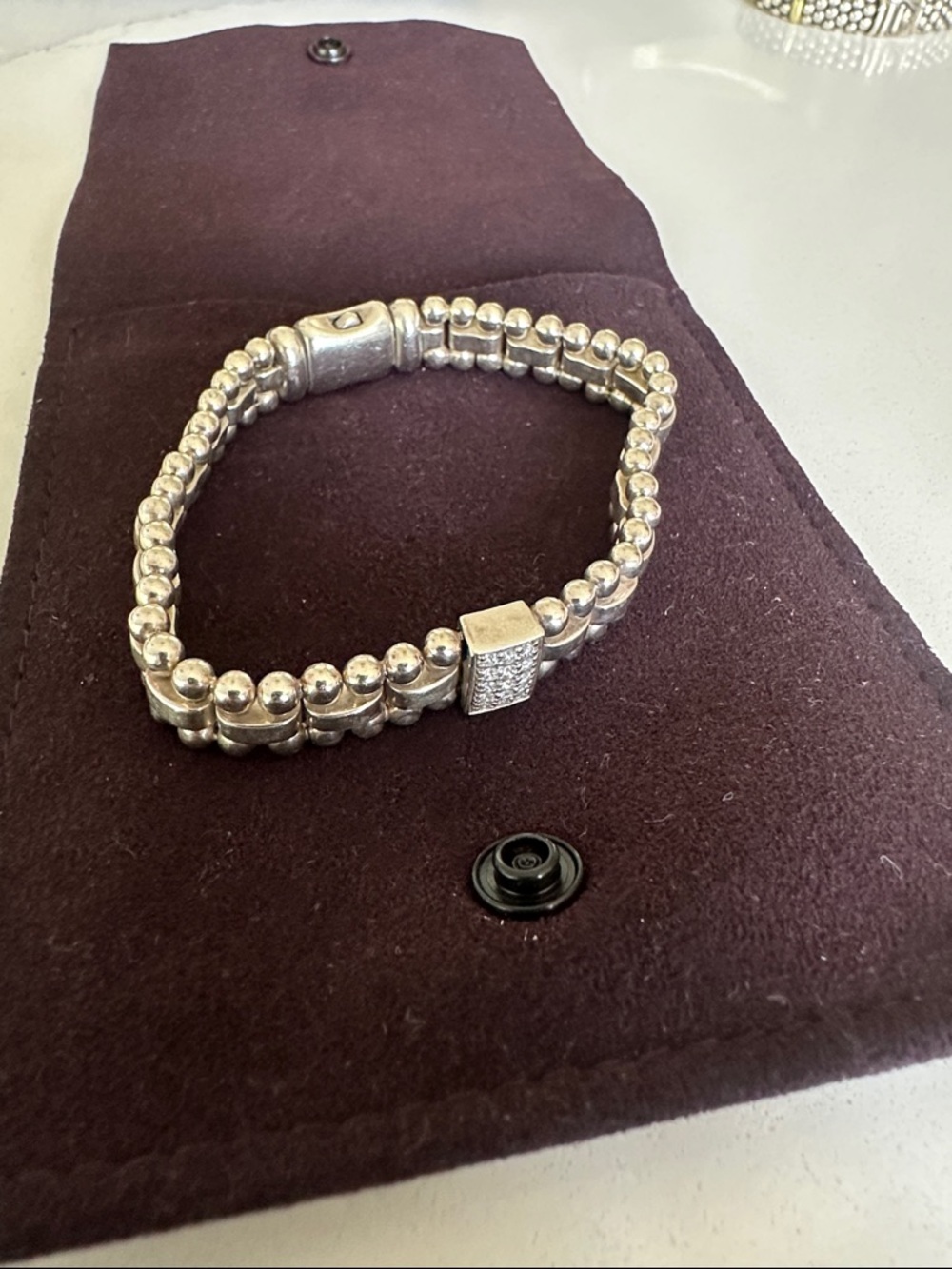 LAGOS Silver Beaded Bracelet with Pave Diamond Square Accent